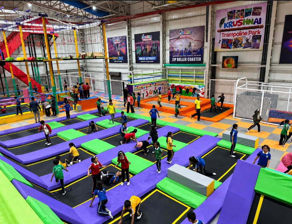 Kids jumping on trampolines at Krushnai Trampoline Park, Nashik
